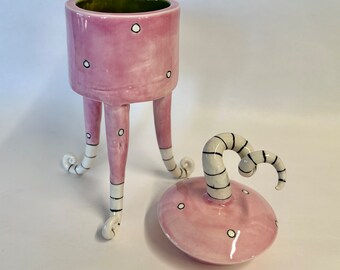 Pretty Pink pottery Dream Jar with crazy curly striped legs & lid for Mom