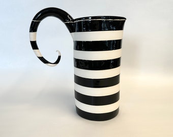 Nightmare tall ceramic Pitcher black & white stripes w/ whimsical handle