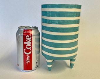 pottery Vase Turquoise & White stripes w/ legs