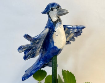 Bright Blue Jay - ceramic Garden Stake  - yard art, deck pot