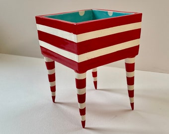 Whimsical Red Stripe pottery Square Dish with polka-dots, tall legs