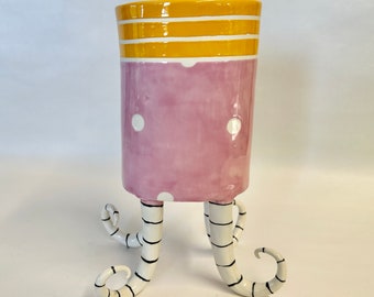 Whimsical ceramic Vase -- pretty Pink! pottery with curly striped feet