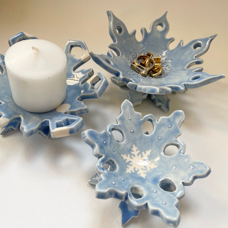 Ice Blue ceramic Snowflake candle holder, soap dish, jewelry dish, set of 3 image 4