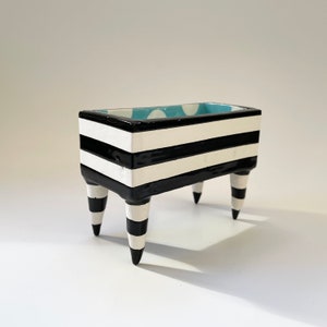 Bold Business Card Holder pottery dish : black & white stripes, turquoise polka-dots image 3