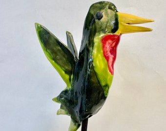 Folk art Ruby Throat Hummingbird - ceramic Garden Stake  - yard art