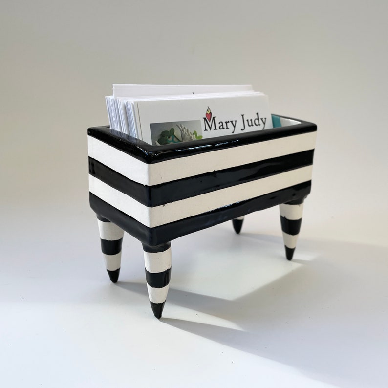 Bold Business Card Holder pottery dish : black & white stripes, turquoise polka-dots image 1