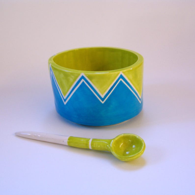 condiment dish Salt Dish chevron pattern whimsical pottery Sugar Bowl w handmade ceramic spoon red /& turquoise