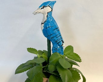 Bright Blue Jay - ceramic Garden Stake  - yard art, deck pot
