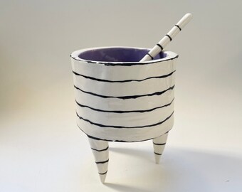 whimsical pottery Dish w/ Burtonesque Black stripes