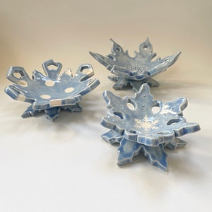 Ice Blue ceramic Snowflake candle holder, soap dish, jewelry dish, set of 3 image 9