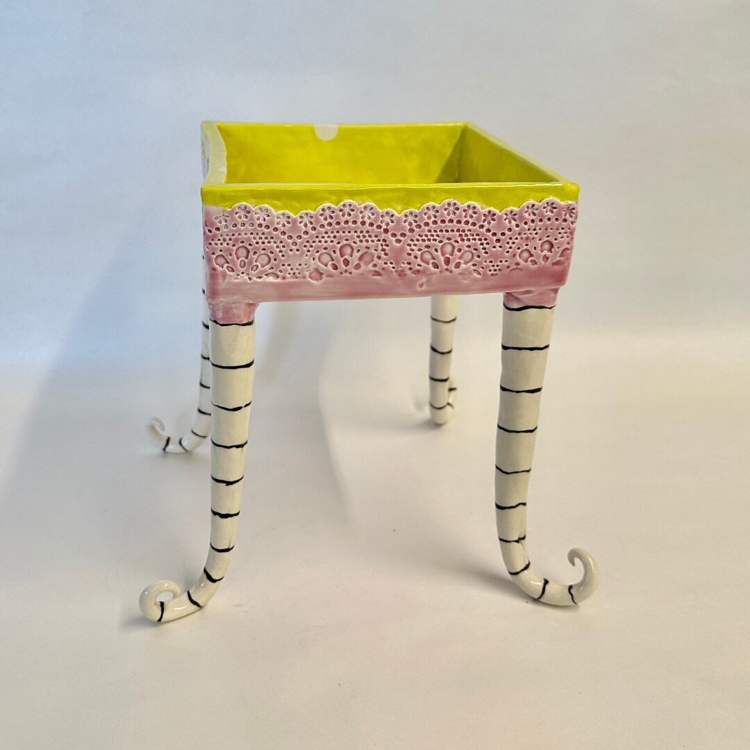 Tall Whimsical Ceramic Candy Dish Pretty Pink Lace & Etsy