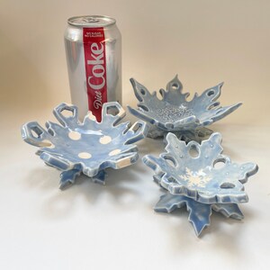 Ice Blue ceramic Snowflake candle holder, soap dish, jewelry dish, set of 3 image 5