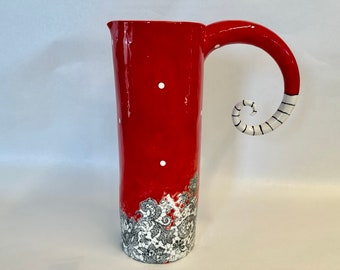 pottery Pitcher or Vase :) Whimsical red & black lace, beetle juice striped handle