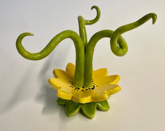 Whimsical ceramic Ring Tree, ring holder, ring dish, pretty yellow sunflower with Lime Green curly hooks :)