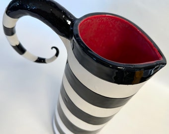 Über tall ceramic Nightmare Pitcher black & white stripes w/ whimsical  curly handle