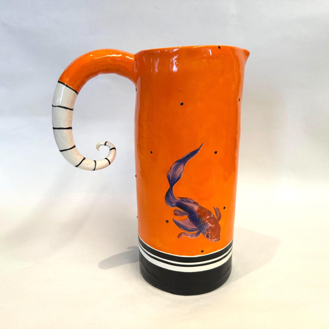 Bright Orange Ceramic Pitcher W/ Koi and Tiny Black Dots - Etsy
