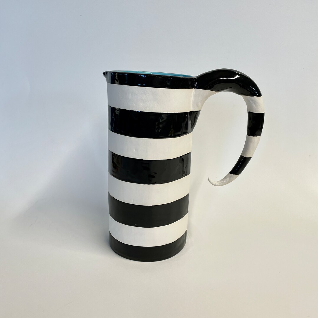 Tall Ceramic Pitcher Black & White Stripes W/ Whimsical Handle Etsy
