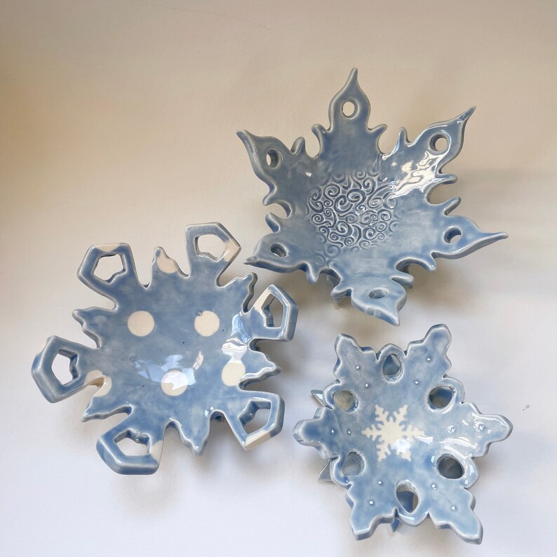 Ice Blue ceramic Snowflake candle holder, soap dish, jewelry dish, set of 3 image 2