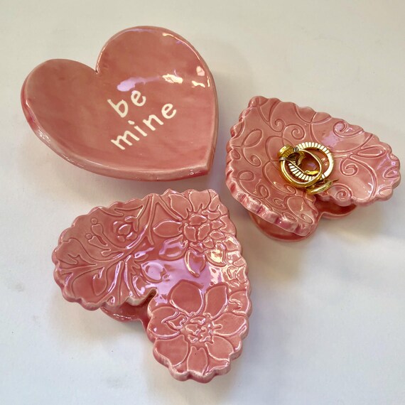 3 piece set with Love Birds candleholder soap dish polka-dot ceramic ring dish set Love Birds pottery Heart Dishes