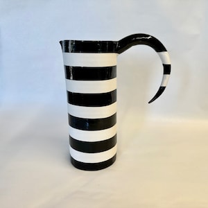 Über tall ceramic Pitcher black & white stripes w/ whimsical handle