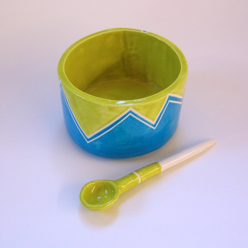 condiment dish Salt Dish chevron pattern whimsical pottery Sugar Bowl w handmade ceramic spoon red /& turquoise