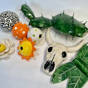 ceramic Steer Skull & Cactus Garden Totem, whimsical flower stake