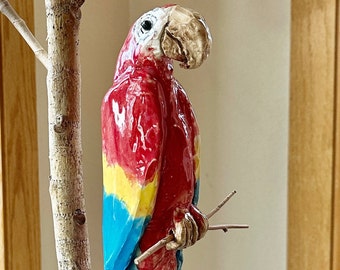 Red Macaw Parrot - ceramic Bird Garden Stake  - yard art, deck pot