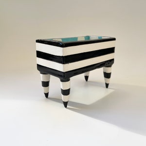 Bold Business Card Holder pottery dish : black & white stripes, turquoise polka-dots image 4