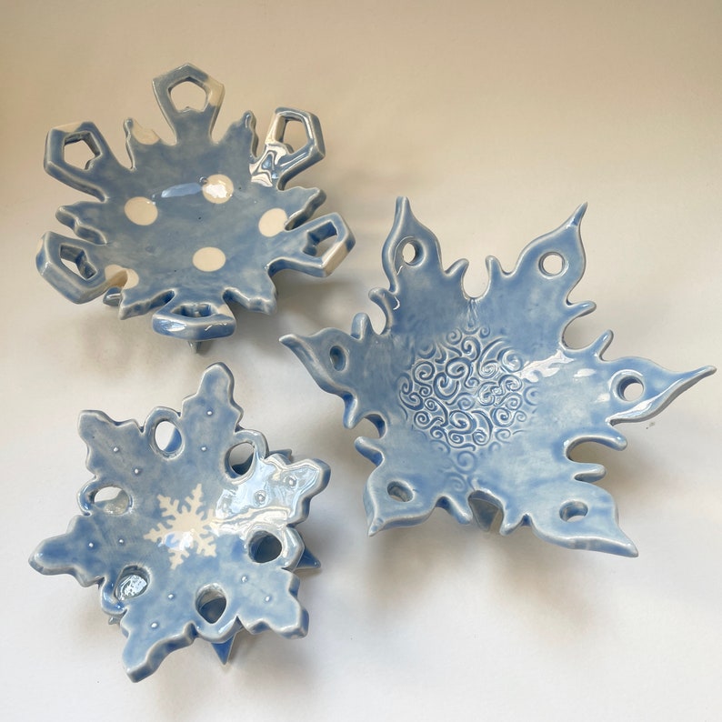 Ice Blue ceramic Snowflake candle holder, soap dish, jewelry dish, set of 3 image 6