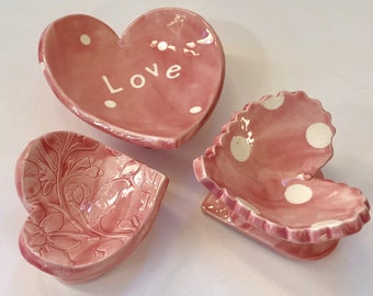 Love pottery Heart Dishes -- 3 piece set -- ceramic ring dish set, candleholder, soap dish