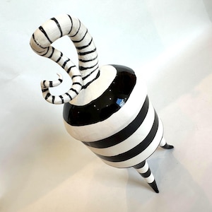 A whimsical wonKy pottery Dream Jar black & white stripes + curly lid