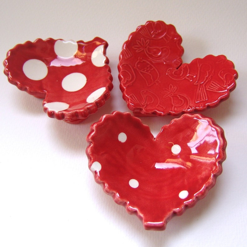 3 piece set with Love Birds candleholder soap dish polka-dot ceramic ring dish set Love Birds pottery Heart Dishes