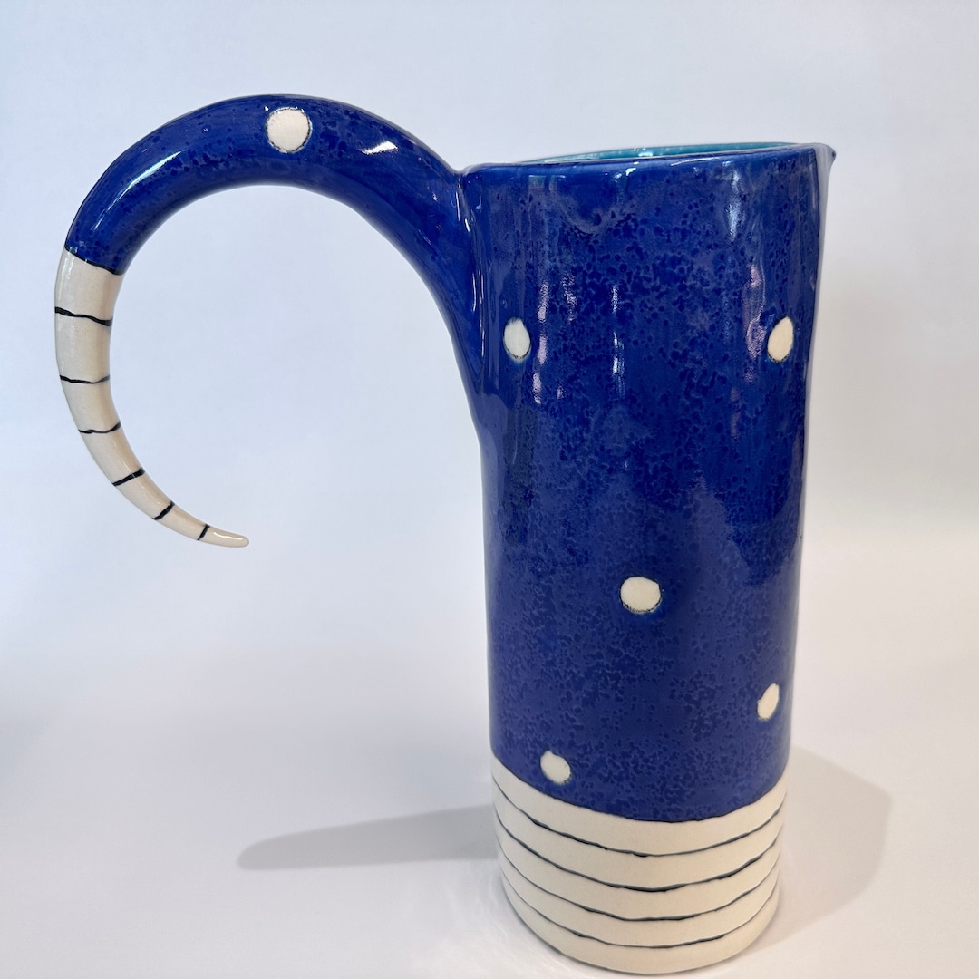 Big Bright Blue Ceramic Pitcher W/ Polka-dots, Stripes & Whimsical ...