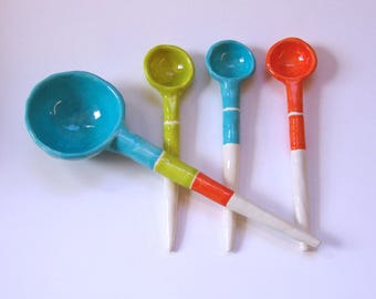 set of 4 pottery Serving Spoons -- Bright orange, chartreuse & turquoise, colorful stripes whimsical ceramic Hostess Gift