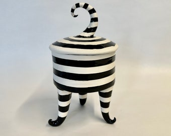 A whimsical fat pottery Dream Jar black & white stripes + curly lid