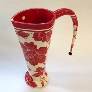 Red floral ceramic Pitcher -or- Vase, Holiday Decor, red & white pottery
