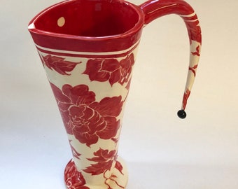 Red floral ceramic Pitcher -or- Vase, Holiday Decor, red & white pottery