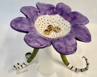 Whimsical colorful pottery purple Flower Dish with long curly striped legs