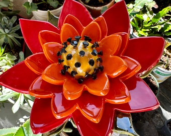 Whimsical Garden Flower Stake bright Red & tangerine Orange