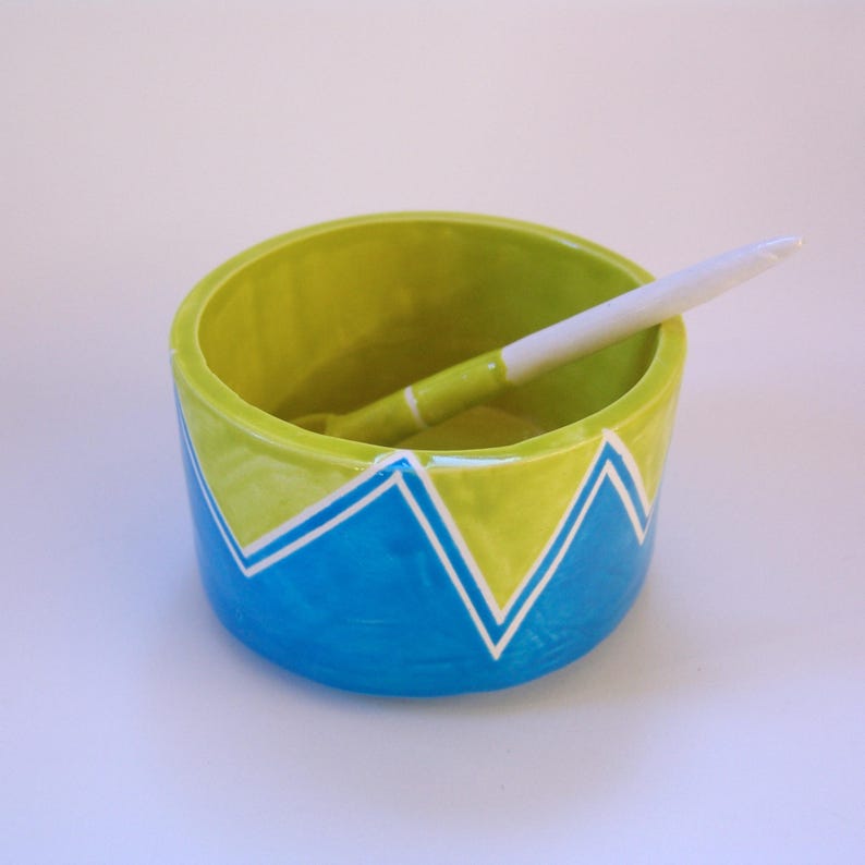 condiment dish Salt Dish chevron pattern whimsical pottery Sugar Bowl w handmade ceramic spoon red /& turquoise
