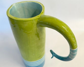 whimsical pottery Pitcher / Lime green & aqua turquoise with crazy curly striped handle