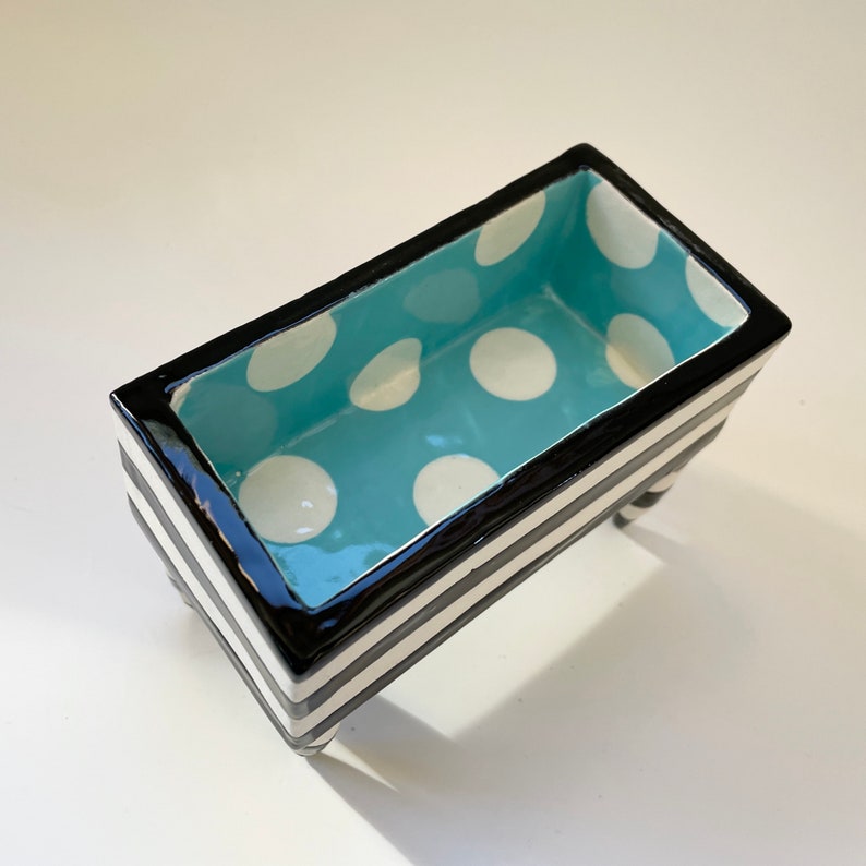 Bold Business Card Holder pottery dish : black & white stripes, turquoise polka-dots image 5