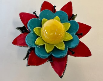 Red, turquoise, and yellow ceramic Garden Flower -- colorful pottery yard art
