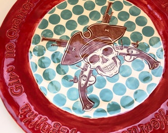 pottery Pirate Serving Plate with big polka-dots, embossed pirate talk :) Red & Turquoise polka-dot Jolly Roger