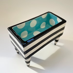 Bold Business Card Holder pottery dish : black & white stripes, turquoise polka-dots image 2