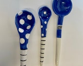 Delphinium Blue White ceramic Serving Spoons, set of 3, whimsical pottery serving spoons