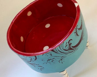 Whimsical Bright Red & Turquoise pottery Bowl with striped feet legs, Polka-Dots and filigree stencil