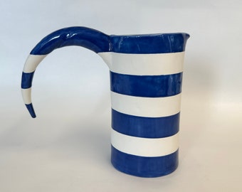 colorful ceramic Pitcher Blue & White bold Stripes w/ whimsical handle