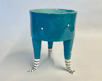 Turquoise Blue polka-dot pottery Candy Dish with whimsical feet