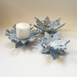 Ice Blue ceramic Snowflake candle holder, soap dish, jewelry dish, set of 3 image 3